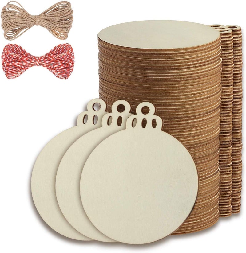 Fuyit 100Pcs 4 Inch Wooden Christmas Ornaments Unfinished Predrilled Wood Slices with Holes, Uniform Wood Round Circles Blank Discs for DIY Crafts Party Decorations - Image 1